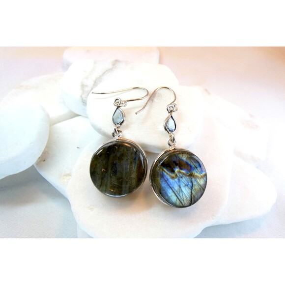 Natural Labradorite Iolite Gemstone Sterling Silver Earrings - Picture 2 of 7